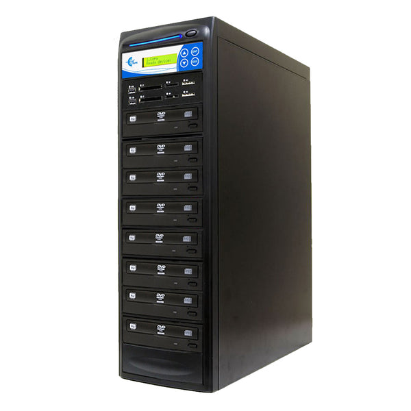 Black DVD duplicator with multiple drive bays on a white background