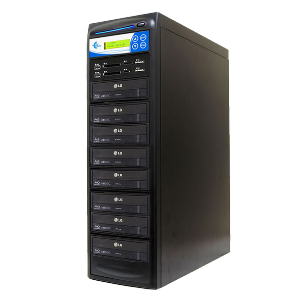 Black CD/DVD duplicator with multiple drive bays on a white background